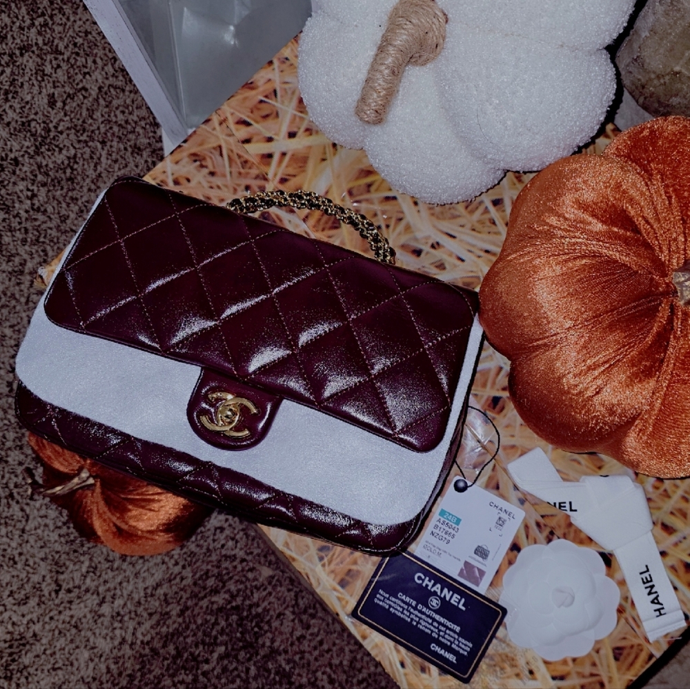 Chanel 24B Burgundy Sheepskin Leather With Gold Chain Top Handle Flap Bag